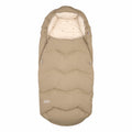Beige sleeping bag with white lining on a white background