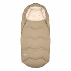 Beige sleeping bag with white lining on a white background